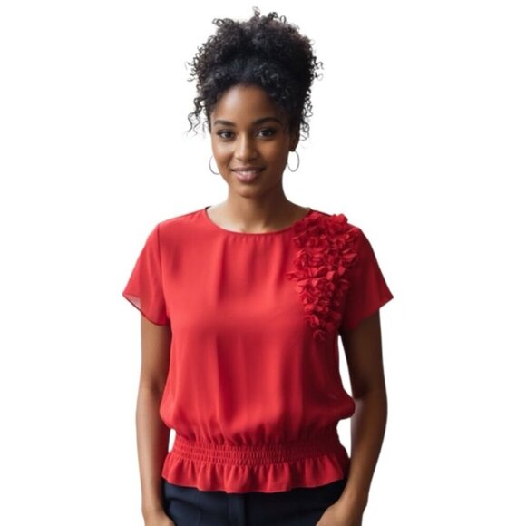 Ted Baker Tops - Ted Baker Floral Applique 3D Chiffon Sheer Top Blouse Crew Loose Red Box Fairy S